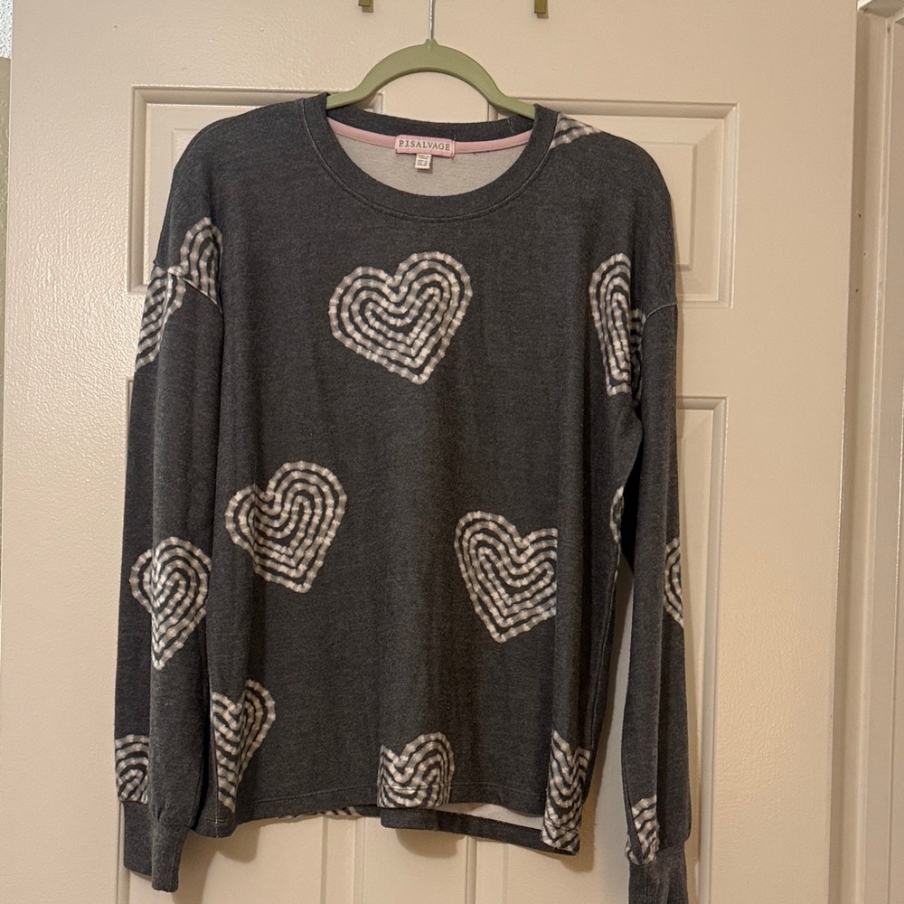 “Give em your 🤍” PJ Salvage Charcoal Top with White Heart Patterns